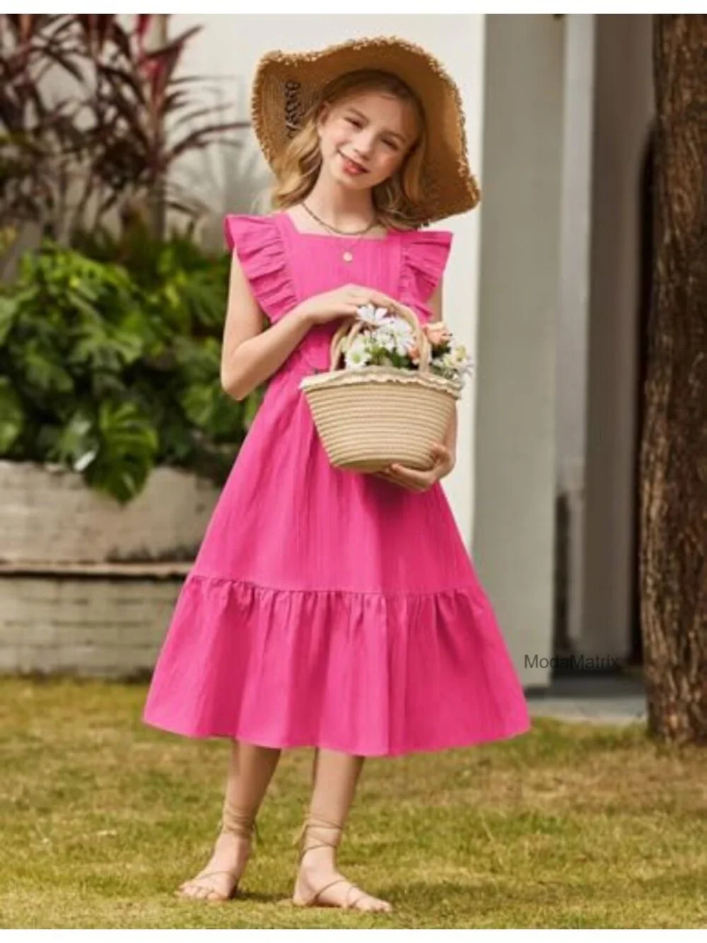 Casual Boho Maxi Dress with Pockets Square Neck Flutter Sleeve Tie Back Tween